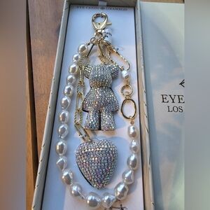 Irridencent bedazzled teddy bear /heart & pearl bag charm by Eye Candy Los Angel